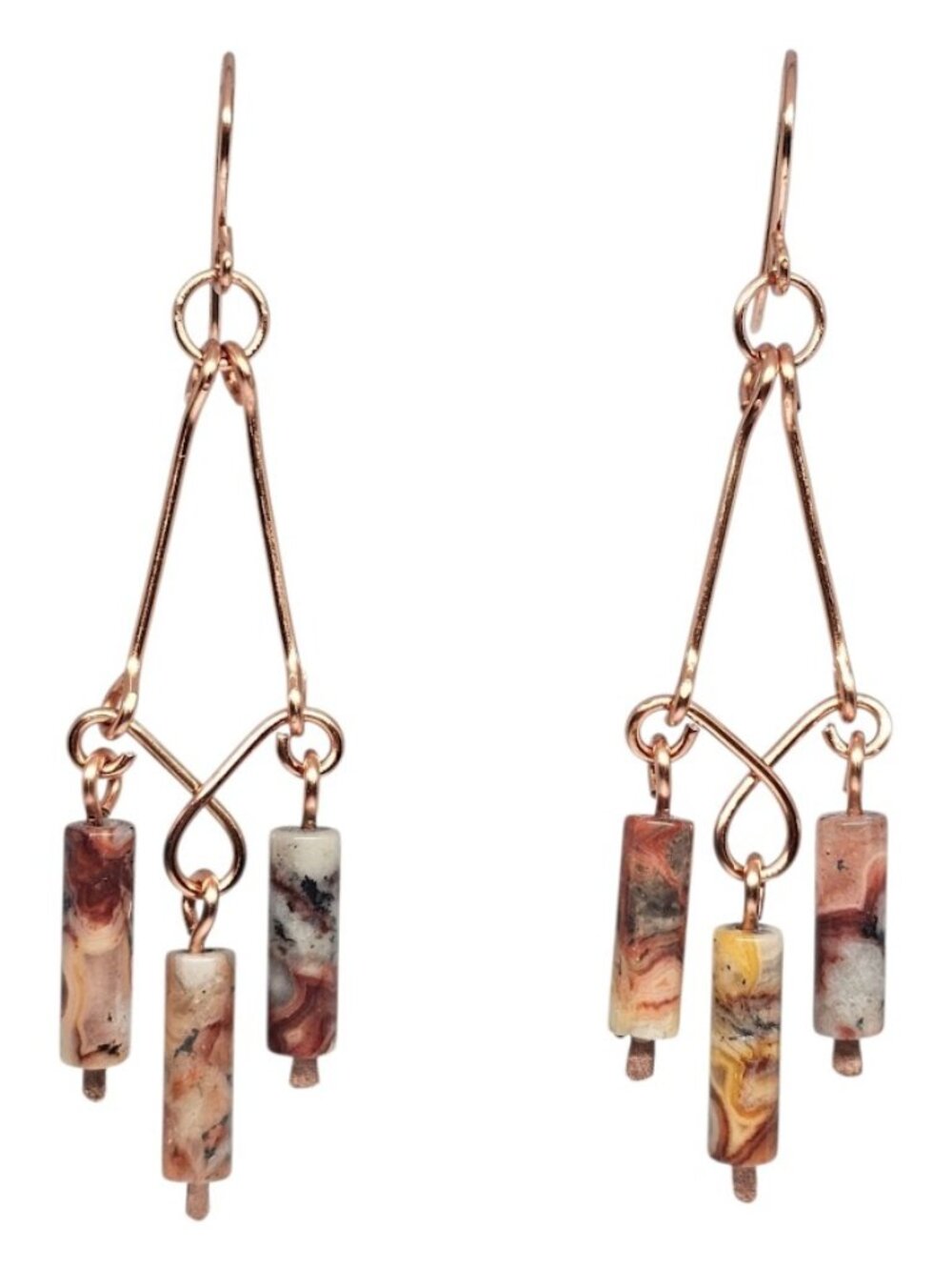 Handmade Crazy Lace Agate Copper Chandelier Earrings Boho Gemstone Drop